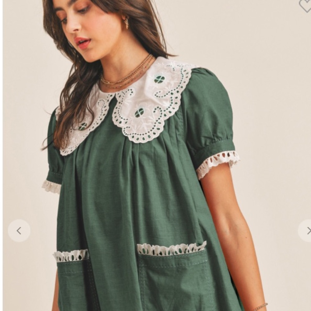 Just Me Forest Green Midi Dress with White Lace Collar